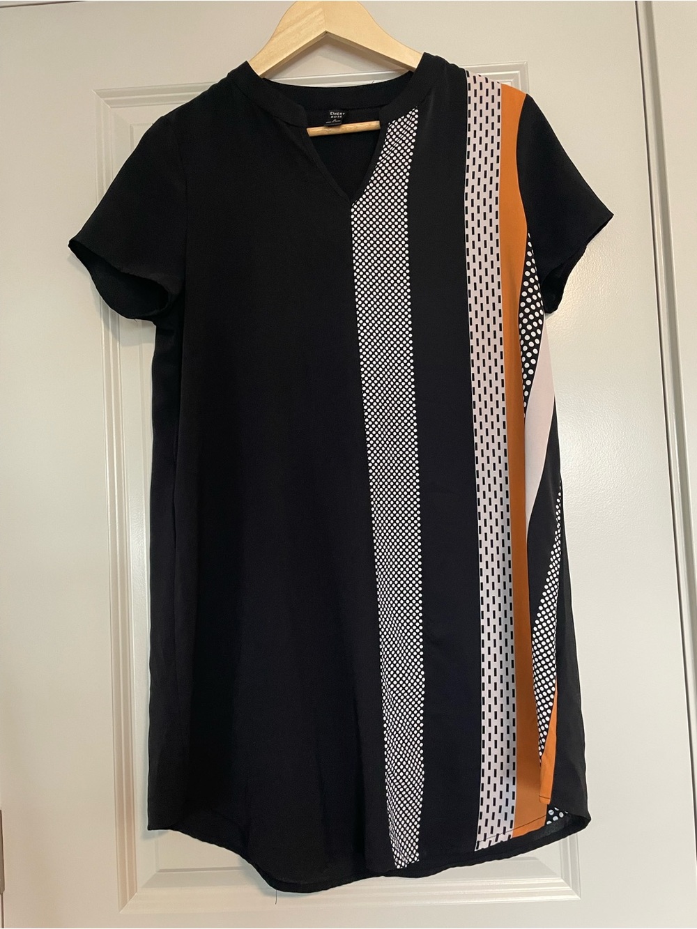 Black Short-Sleeve V-Neck Tunic Dress with Orange and White Stripe Detail
